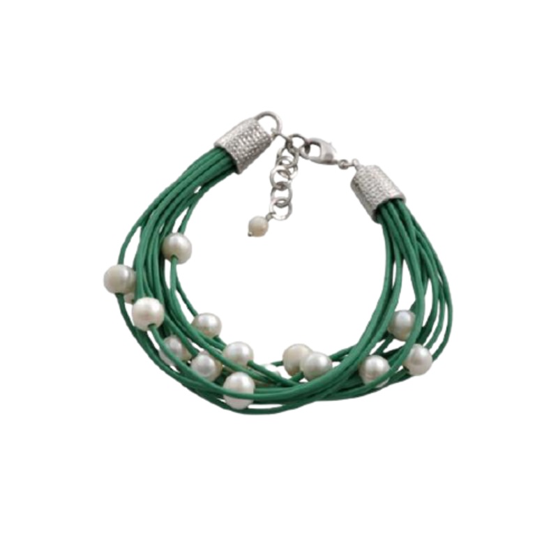 Barse Leather 'n' Pearls Good Times Bracelet-Green