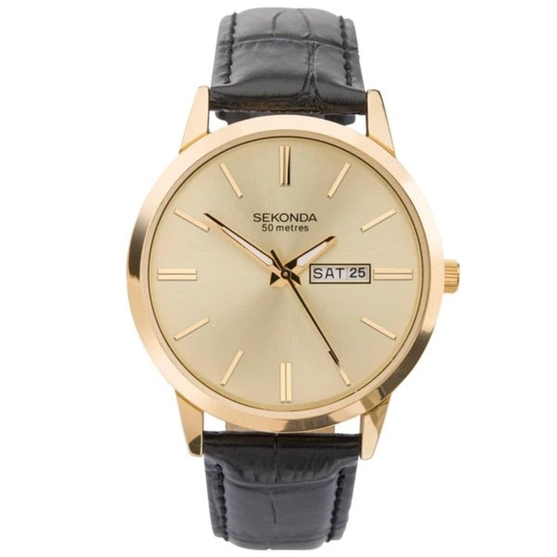 Sekonda Gold Case Black Strap Mens Watch SK1838