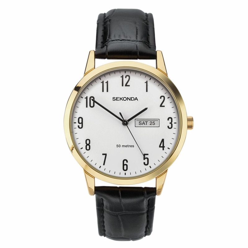 Sekonda Gold Case White Dial Black Strap Mens Watch SK1758