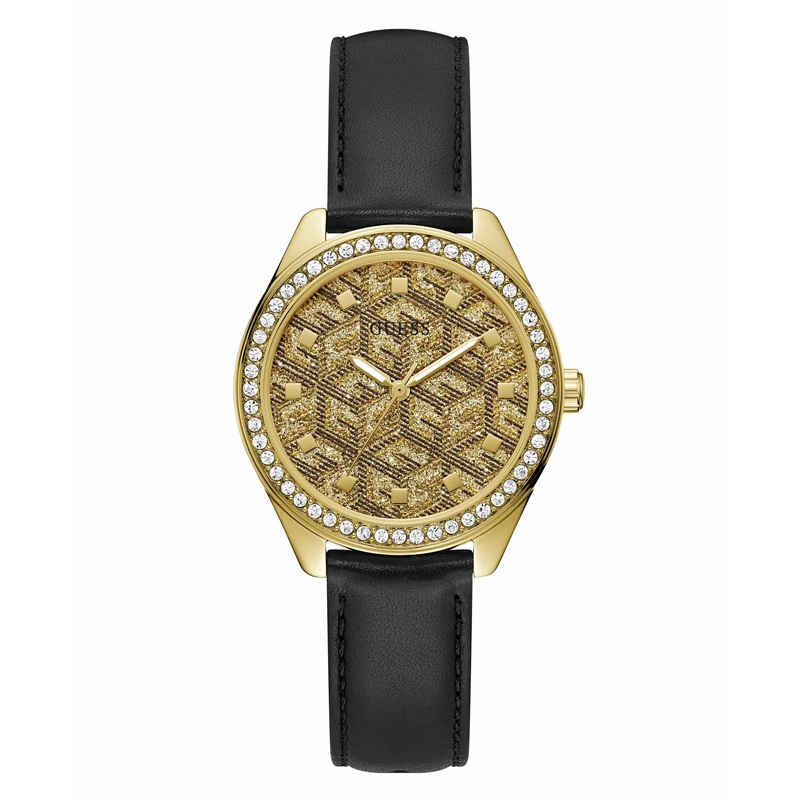 Guess G Gloss Gold Dial Black Leather Strap Watch GW0608L2