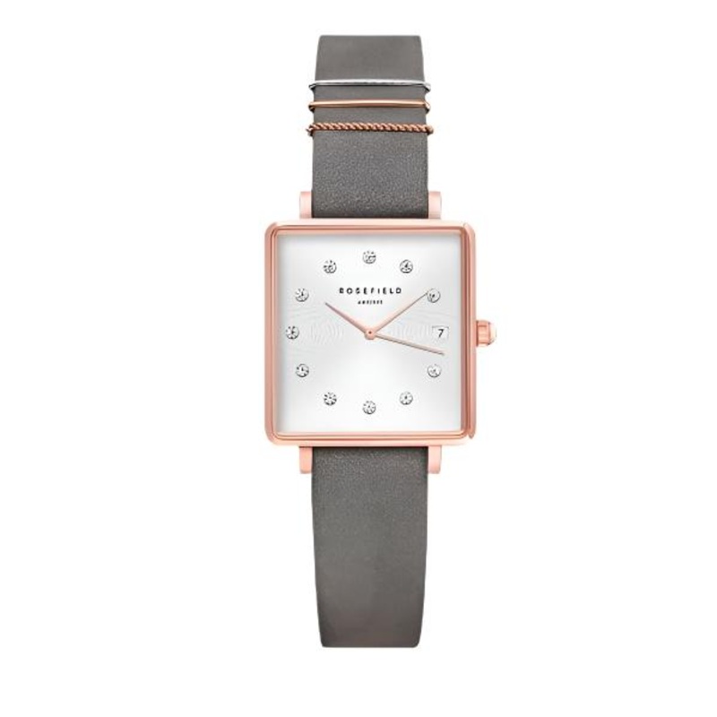 Rosefield Mini Boxy White Dial Grey Leather Strap Watch QWGR-Q037