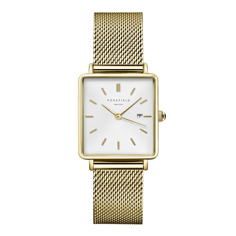 Rosefield The Boxy White Sunray Mesh Gold Watch QWSG-Q03