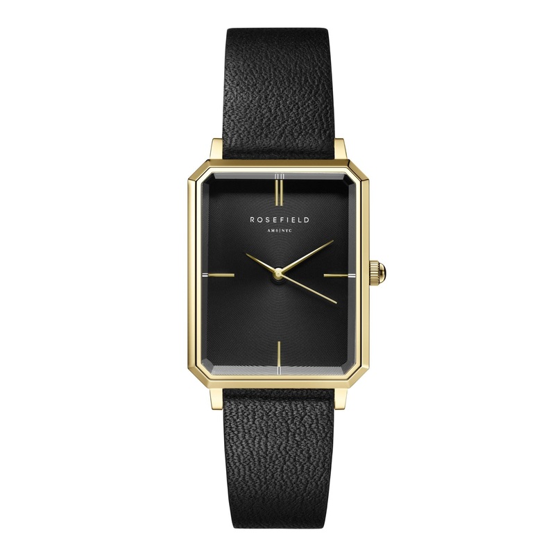 Rosefield The Octagon Black Sunray Black Leather Gold Watch OBSBG-O49