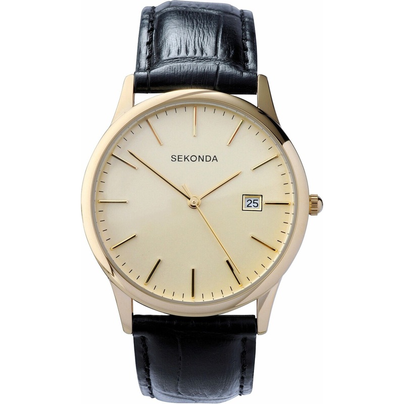 Sekonda Black Leather Band Champagne Dial Mens Watch