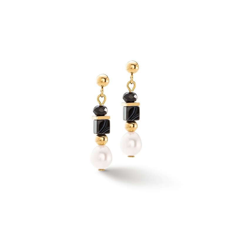 Coeur de Lion Pearls & Onyx Drop Earrings Gold