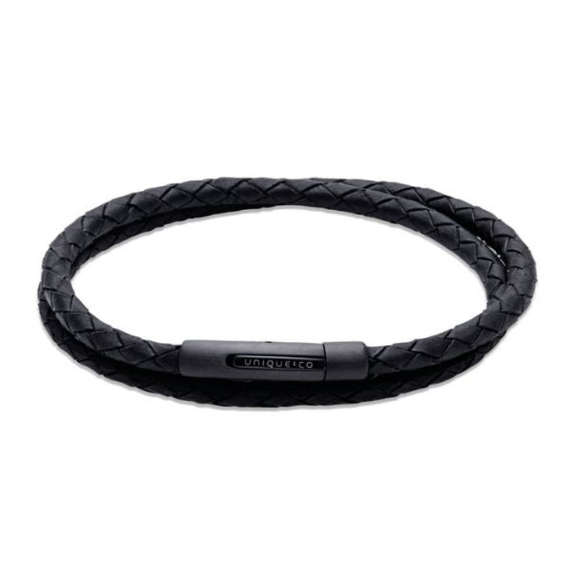 Unique Black Leather Wrap Bracelet with Black IP-Plating 21cm