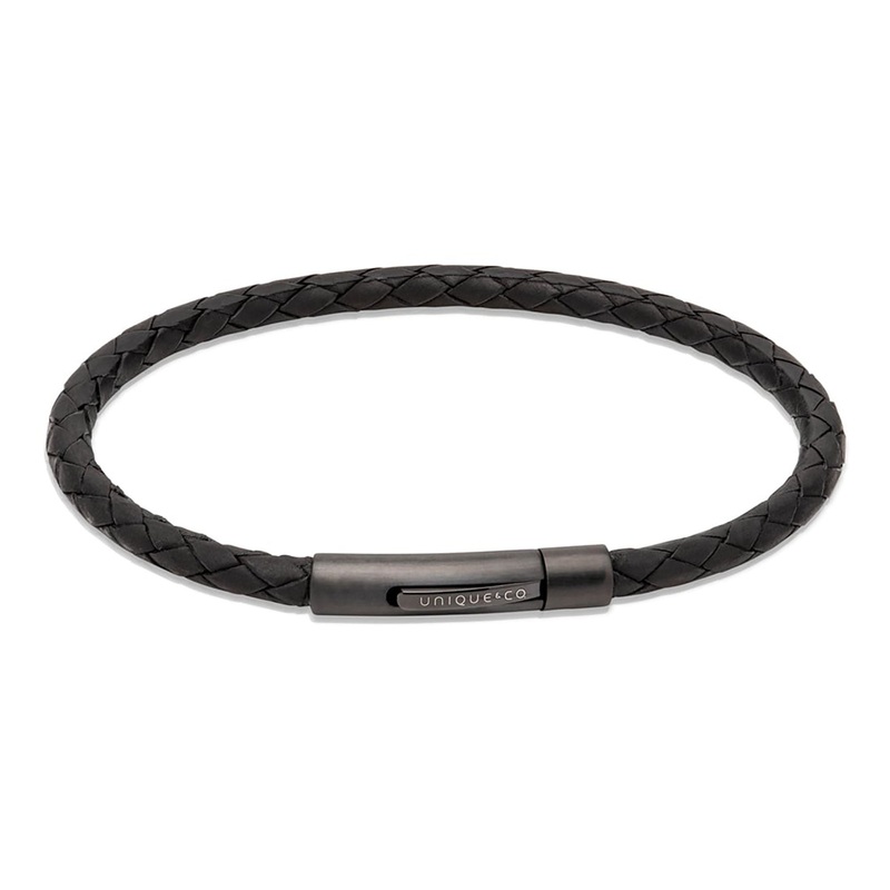 Unique & Co Black Leather Bracelet with Plated Steel Clasp 21cm