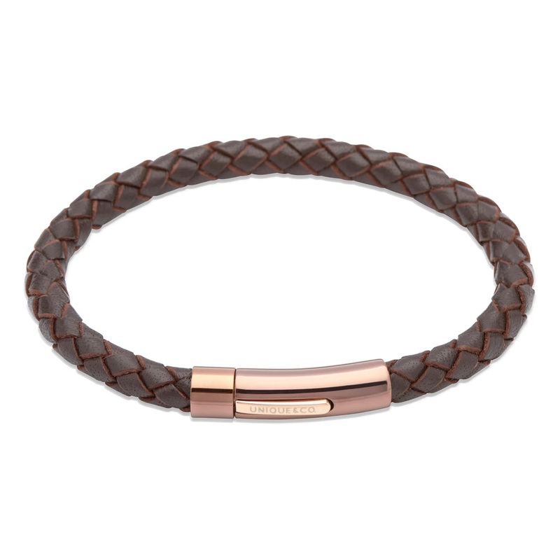 Unique Dark Brown Leather Bracelet with Rose IP Clasp. 21cm.