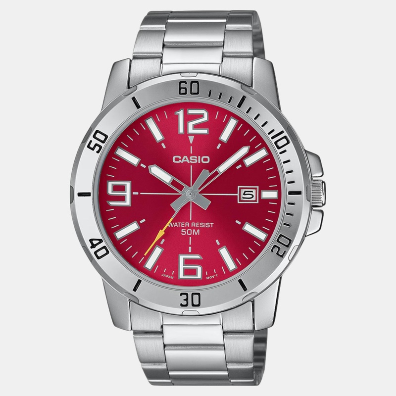 Enticer Men Quartz Red Dial Analog Stainless Steel Watch MTP-VD01D-4BVUDF A2338