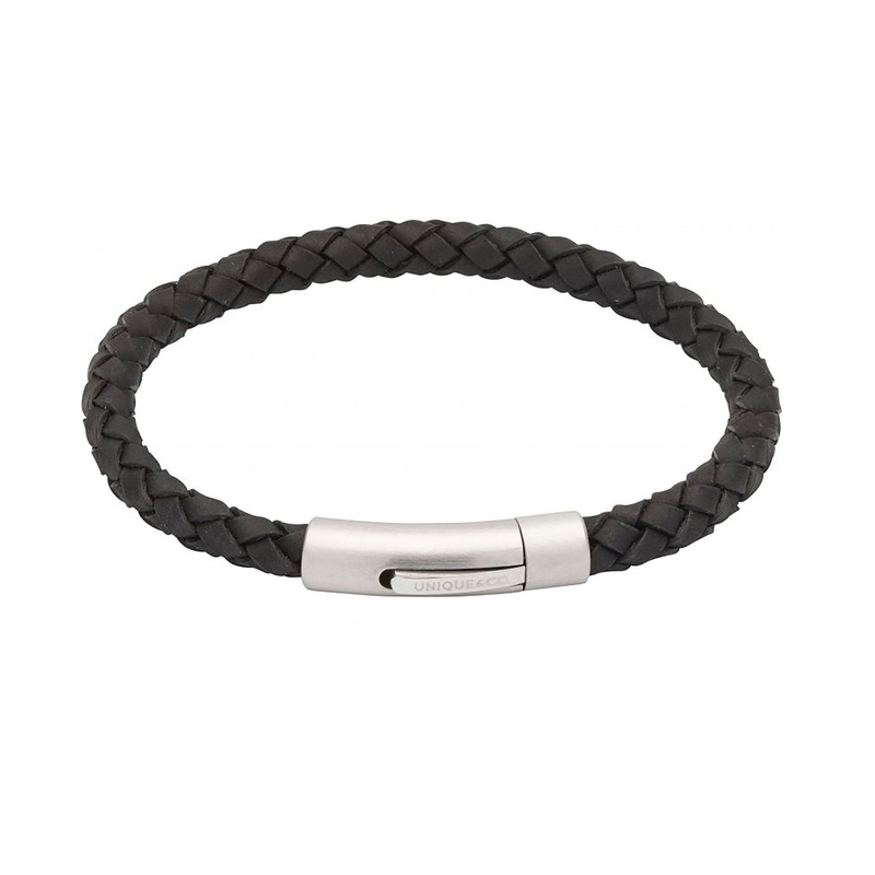 Unique Black Leather Bracelet with Stainless Steel Clasp 23cm