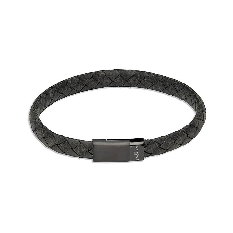 Unique Black Leather Braided Bracelet with Stainless Steel Clasp 21cm