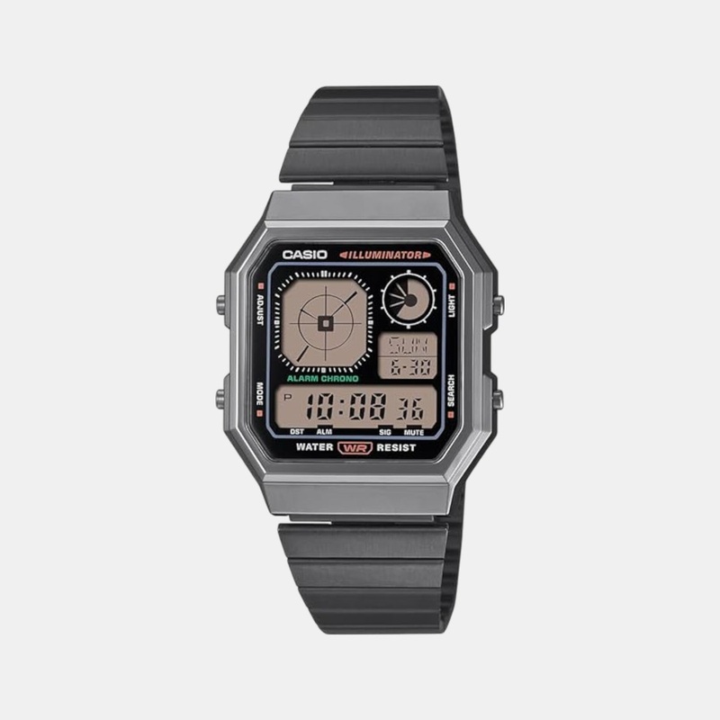 Vintage Unisex Quartz Black Dial Digital Stainless Steel Watch A130WEGG-1ADF D391