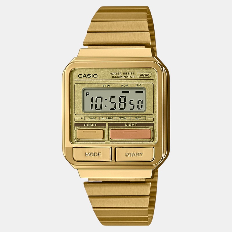 Vintage Unisex Quartz Gold Dial Digital Stainless Steel Watch A120WEG-9ADF D322