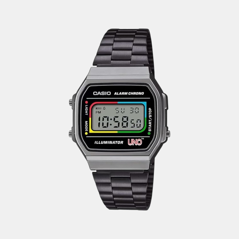 Vintage Unisex Quartz Black Dial Digital Stainless Steel Watch A168WEUC-1ADR D361