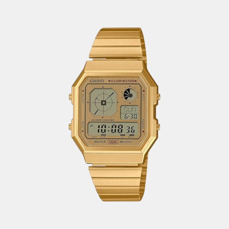 Vintage Unisex Quartz Gold Dial Digital Stainless Steel Watch A130WEG-9ADF D390