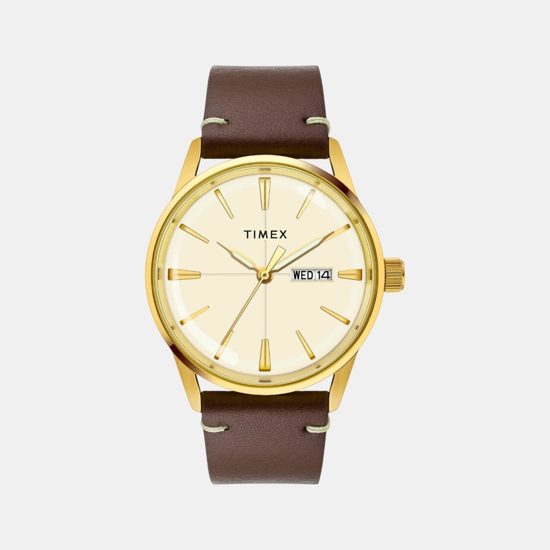 Men Quartz Champagne Dial Analog Leather Watch TWEG25502
