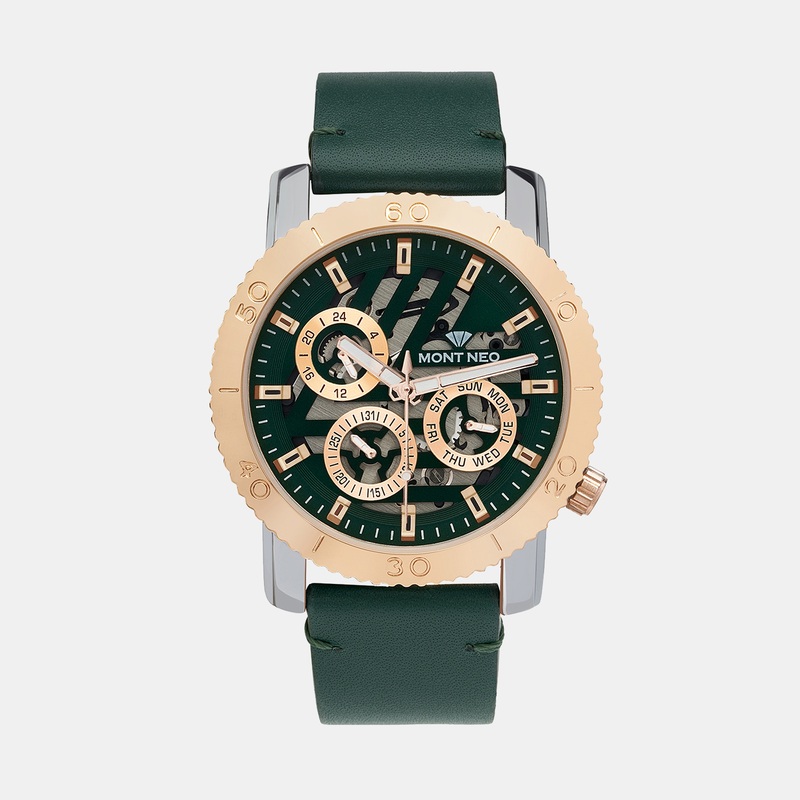 Men Quartz Green Dial Chronograph Leather Watch 8017M-L1314