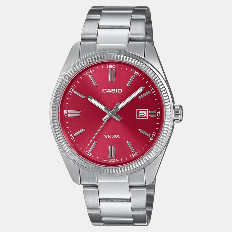 Enticer Men Quartz Red Dial Analog Stainless Steel Watch MTP-1302PD-4AVEF A2367