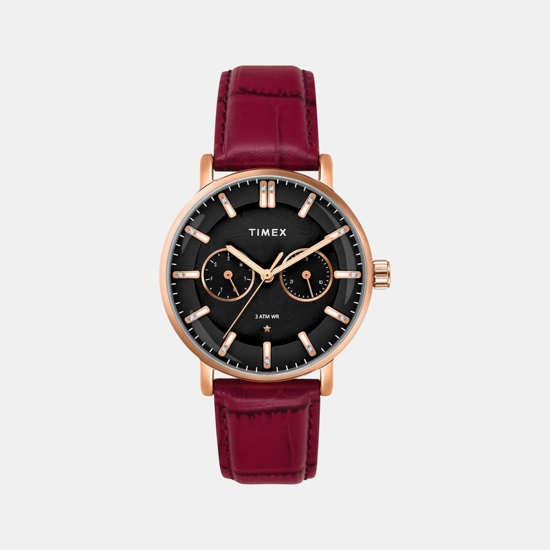 Women Quartz Black Dial Multi-Function Leather Watch TWEL20300