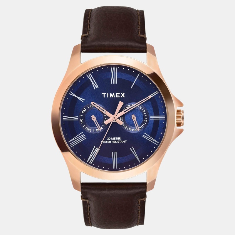 Men Quartz Blue Dial Analog Leather Watch TW000X133