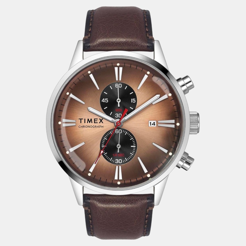 Men Quartz Salmon Dial Chronograph Leather Watch TWEG19930