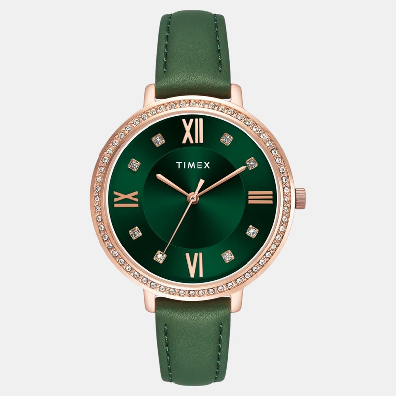 Women Quartz Green Dial Analog Leather Watch TWEL14713