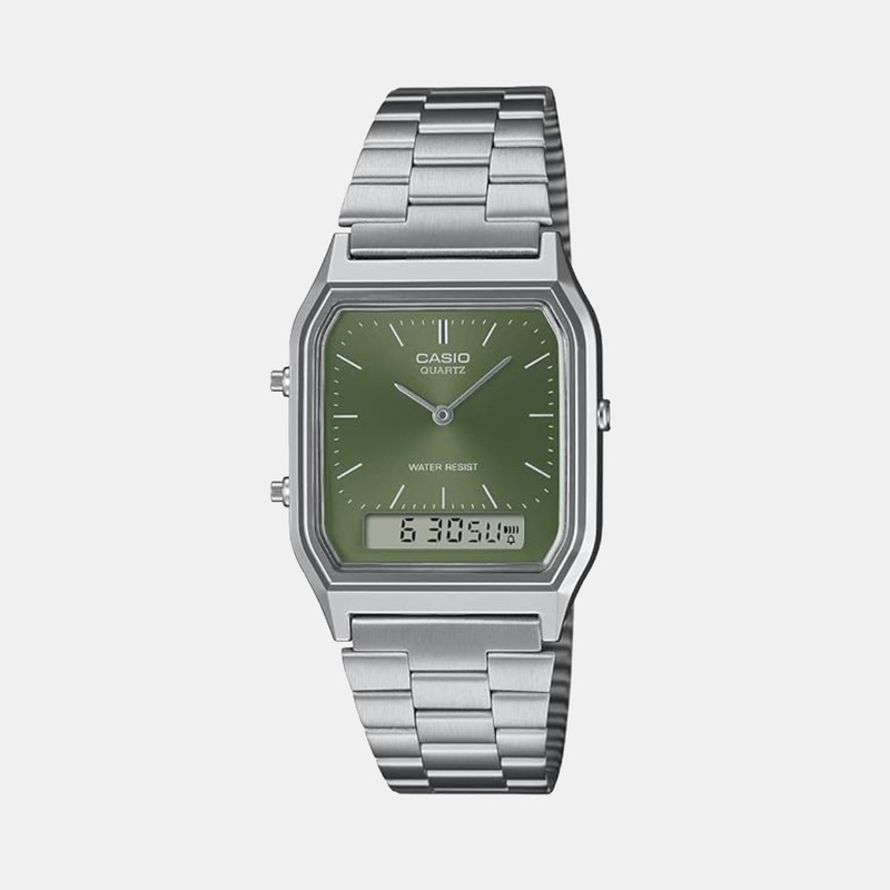 Vintage Unisex Quartz Green Dial Analog-Digital Stainless Steel Watch AQ-230A-3AMQYDF - AD278