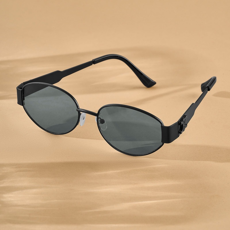 Amber Retro Oval Black Lens and Black Frame Sunglasses