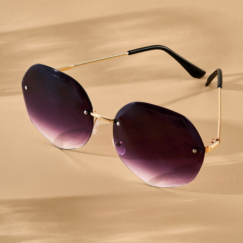 Rimless Octagon Dark Purple Ombre Lens Gold Frame Sunglasses