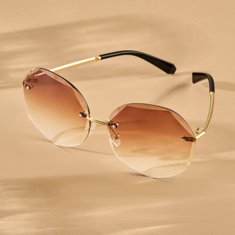 Rimless Octagon Tan Ombre Lens Gold Frame Sunglasses