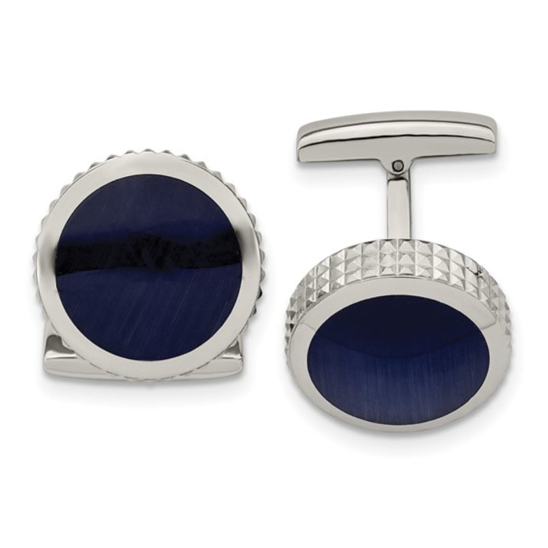 Stainless Steel Polished Blue Cat's Eye Textured Edge Circle Cufflinks