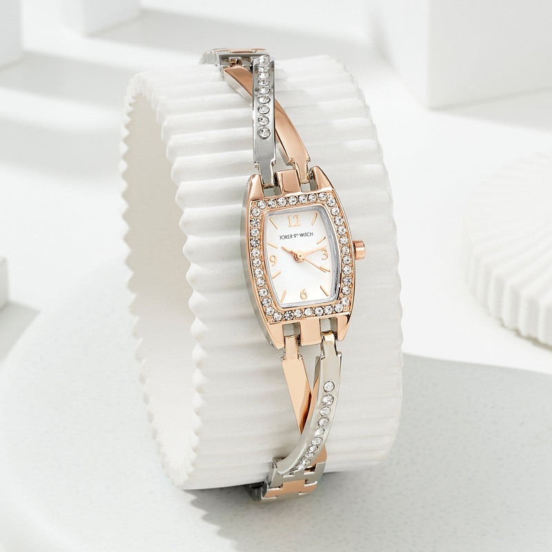 Victoria Elegance Dual Tone Watch with White Dial And Rhinestone-Accented Metallic Bracelet Strap