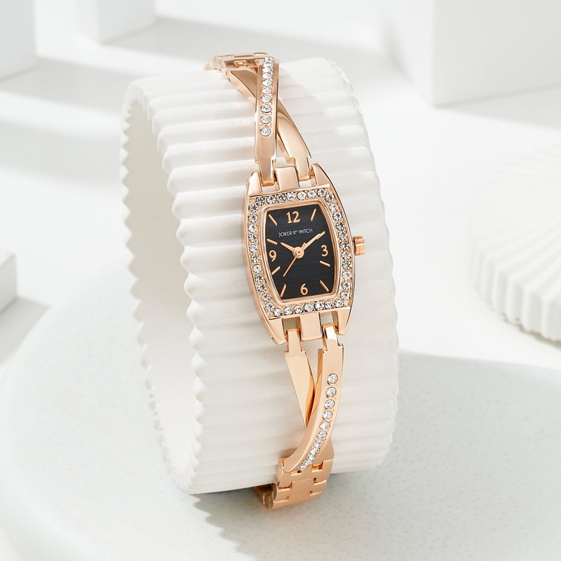 Victoria Elegance Rose Gold Watch with Black Dial And Rhinestone-Accented Metallic Bracelet Strap