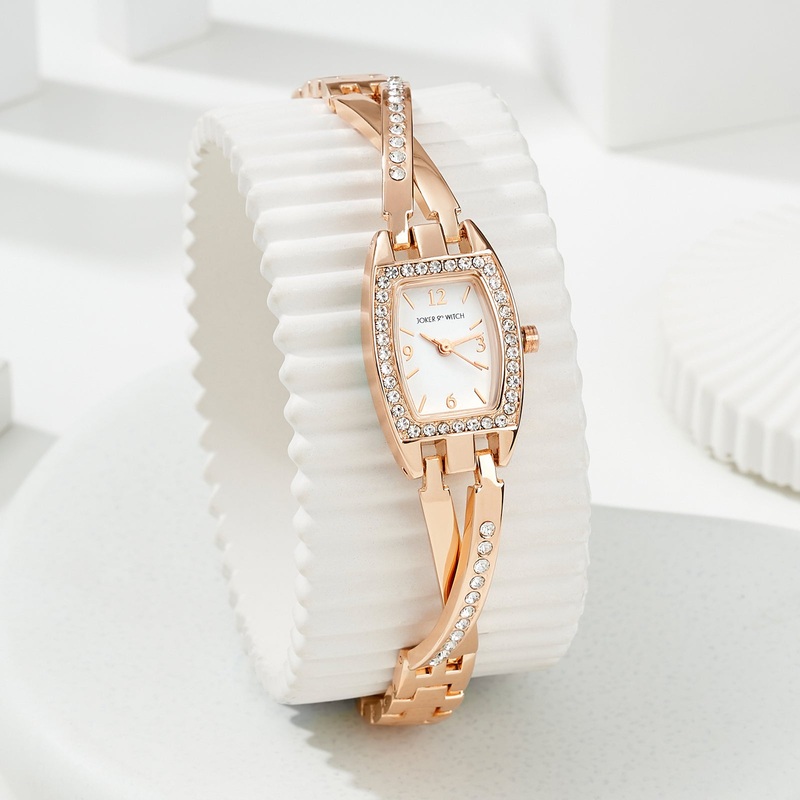 Victoria Elegance Rose Gold Watch with White Dial And Rhinestone-Accented Metallic Bracelet Strap