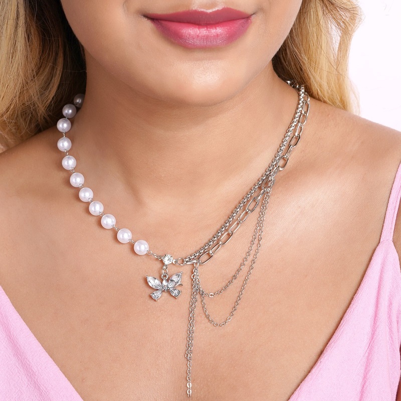 Bewitched Courtnie Pearl and Rhinestone Butterfly Pendant Layered Necklace