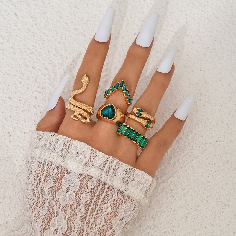 Bewitched Shezine Emerald Green And Gold Snake Ring Stack