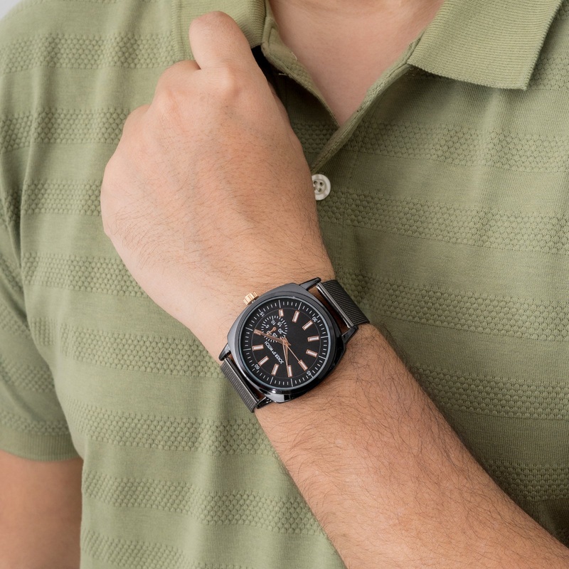 Cadenza Men's Black Watch With Rose Gold Accents And A Mesh Strap
