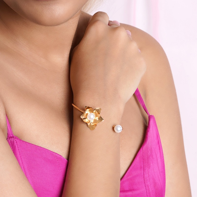Bewitched Lilie Gold and Pearl Floral Cuff Bracelet