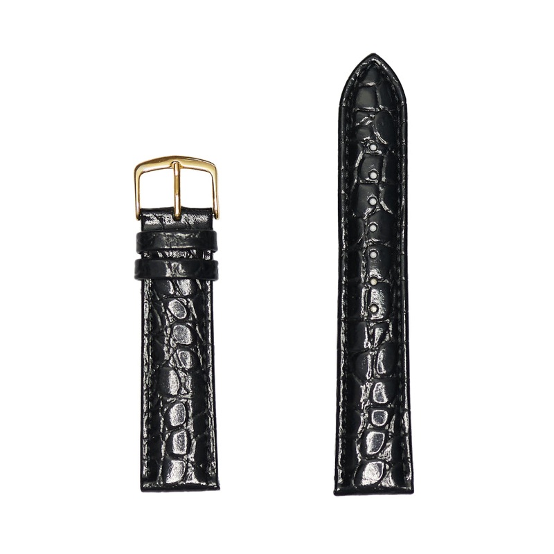 18MM Men's Genuine Crocodile Grain Leather Watch Band - Black, Short