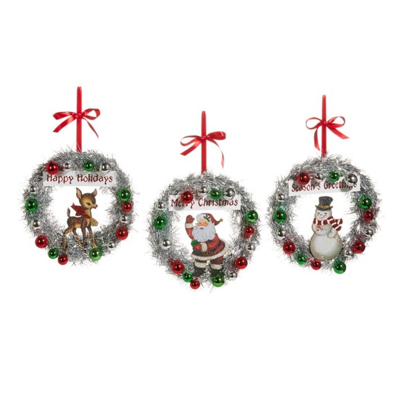 8" Vintage Tinsel Wreath Greeting Ornament