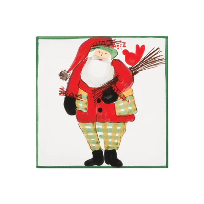 Vietri Old St. Nick Trivet- Green Border With Wood Pile