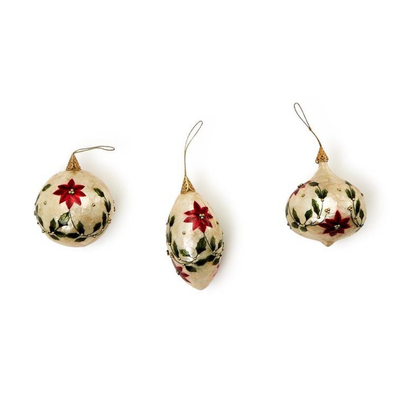 Two's Company Hand-Painted Poinsettia Capiz Shell Ornament