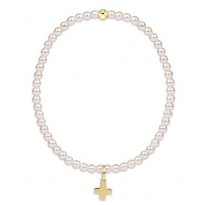 enewton 5.5" egirl Classic Pearl 3mm Bead Bracelet - Signature Cross Gold Charm