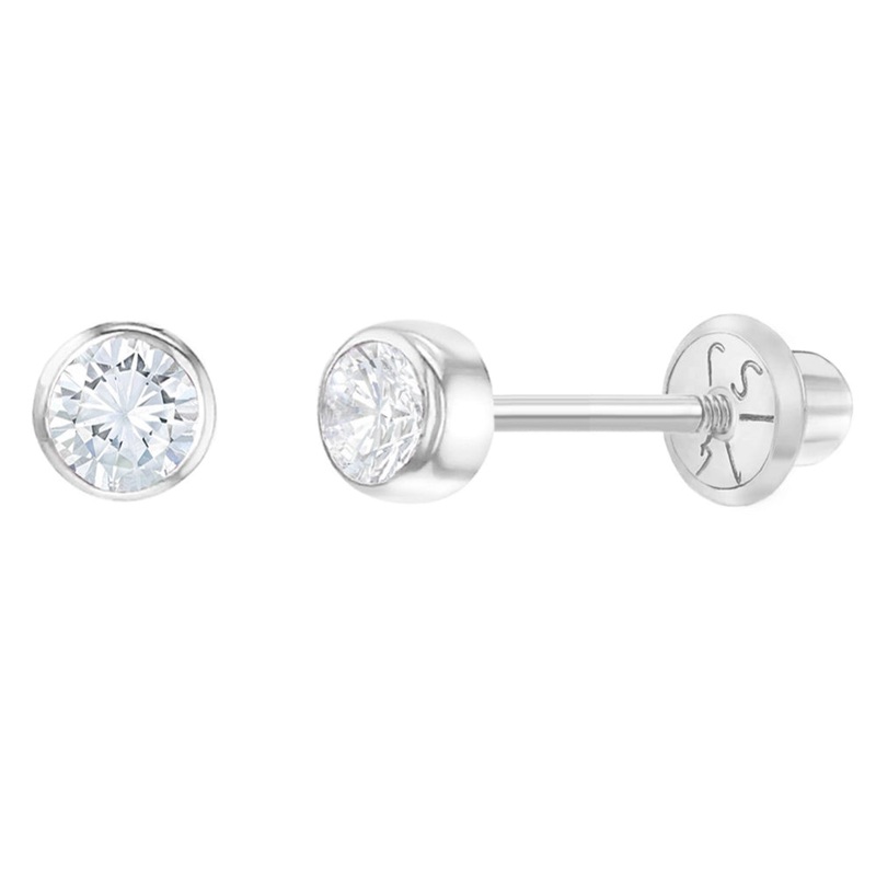 Children's 14k White Gold 3mm Bezel Round Cubic Zirconia Screw Back Earrings